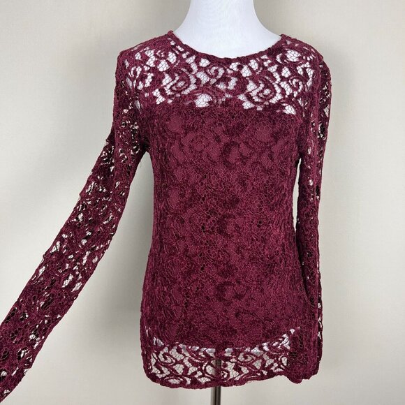 Sundance‎ Blouse Top Womens XS Burgundy Velvet Lace Sheer Floral Long Sleeve - Picture 4 of 9